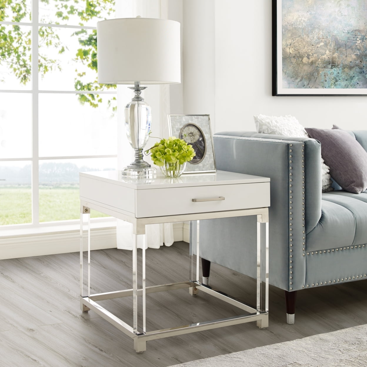 Posh Living Briar 1-Drawer Metal End Table with Acrylic Legs - White/Chrome
