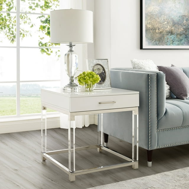 Posh Living Briar 1-Drawer Metal End Table with Acrylic Legs - White/Chrome