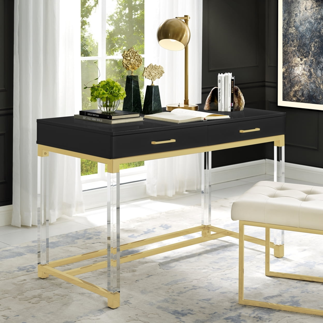 Jerome Writing Desk-High Gloss-Acrylic Legs-Metal Base-Modern Design