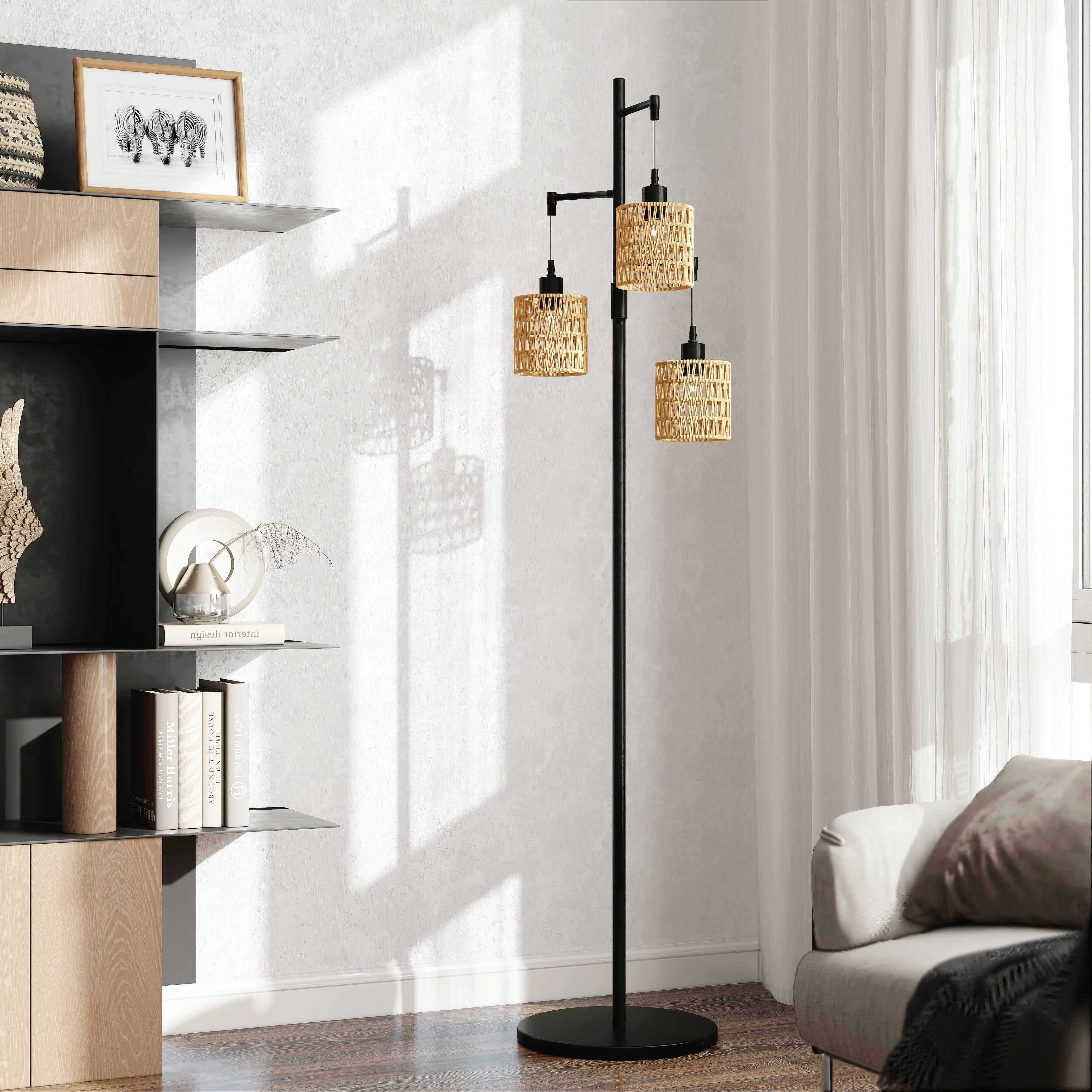 Jerry Boho 3-Light Tree Floor Lamp With Rattan Drum Shades Black