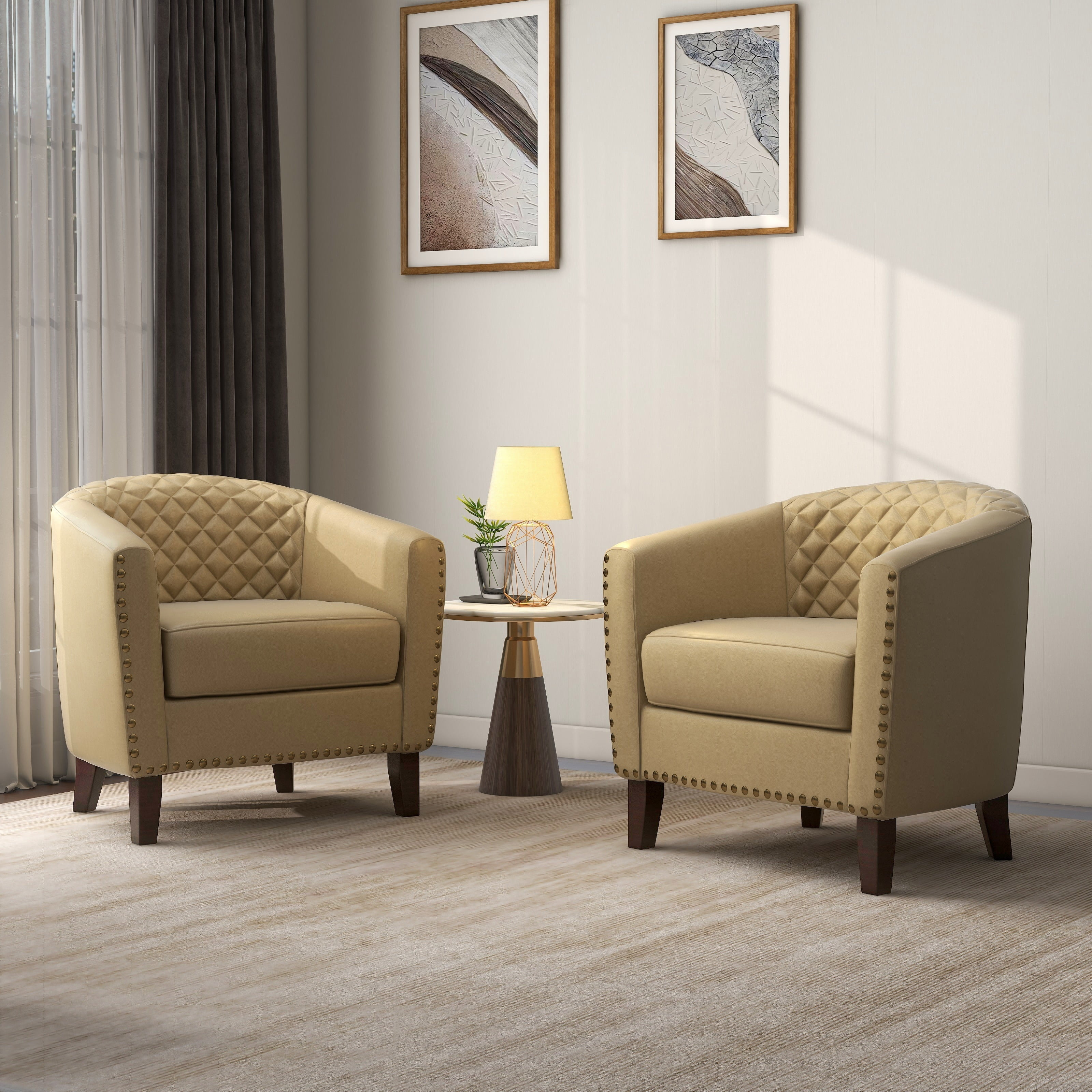 Lumibee 2 Set Vegan Leather Barrel Accent Chairs with Nailheads Trim Beige