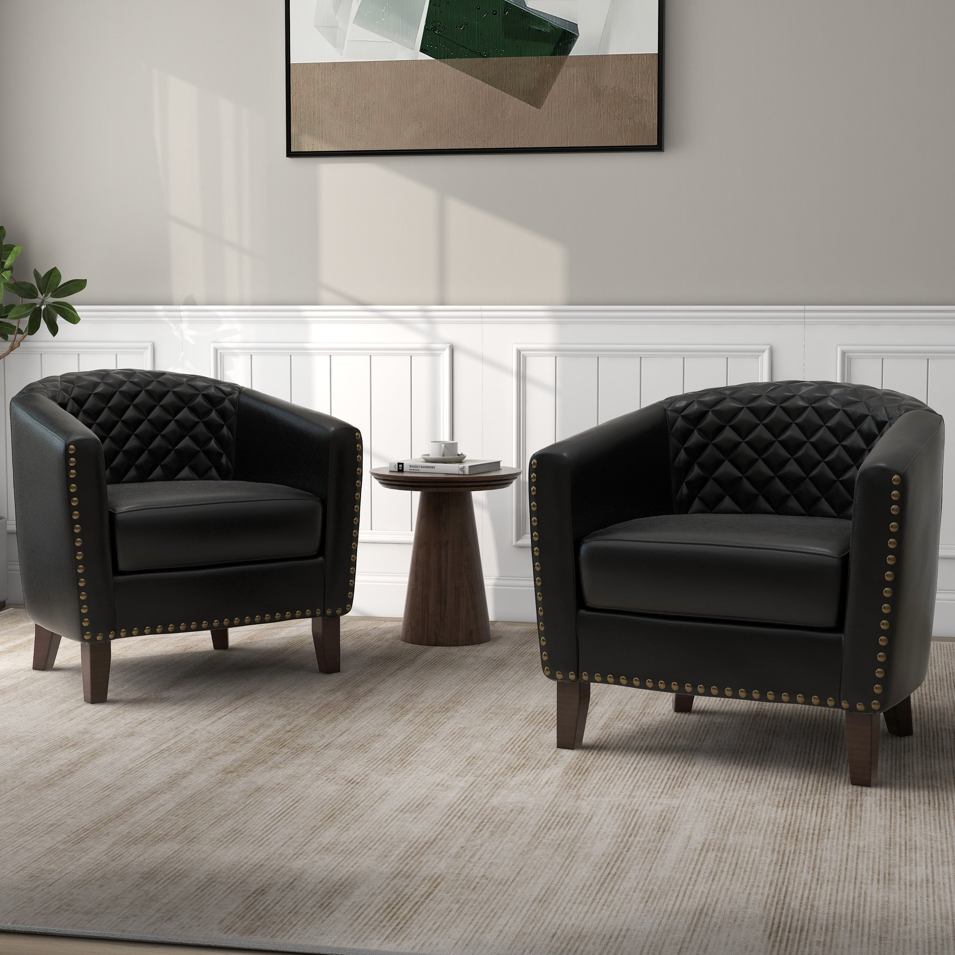 Lumibee 2 Set Vegan Leather Barrel Accent Chairs with Nailheads Trim Black