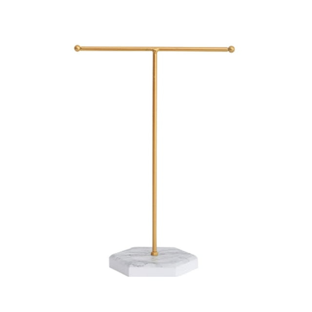 Jewelry Organizer Stand Display Necklace Holder T-Bar Plated Metal Desk Organizer Tower for Show Jewelry Hanging Pendant Earring Bracelet Ring Accessorie with White Marble Plywood Bases, White