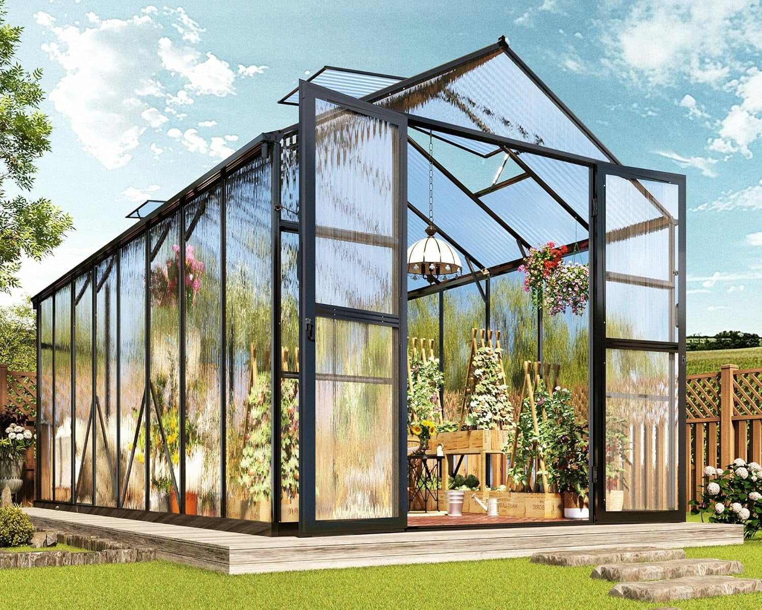 Jocisland 7.5x16x7.5 FT Polycarbonate Greenhouse with Quick Connector Fast Assembly, Outdoor Aluminum Greenhouses with Rain Gutter and Ventilation, Walk in Greenhouse for Backyard Garden, Black