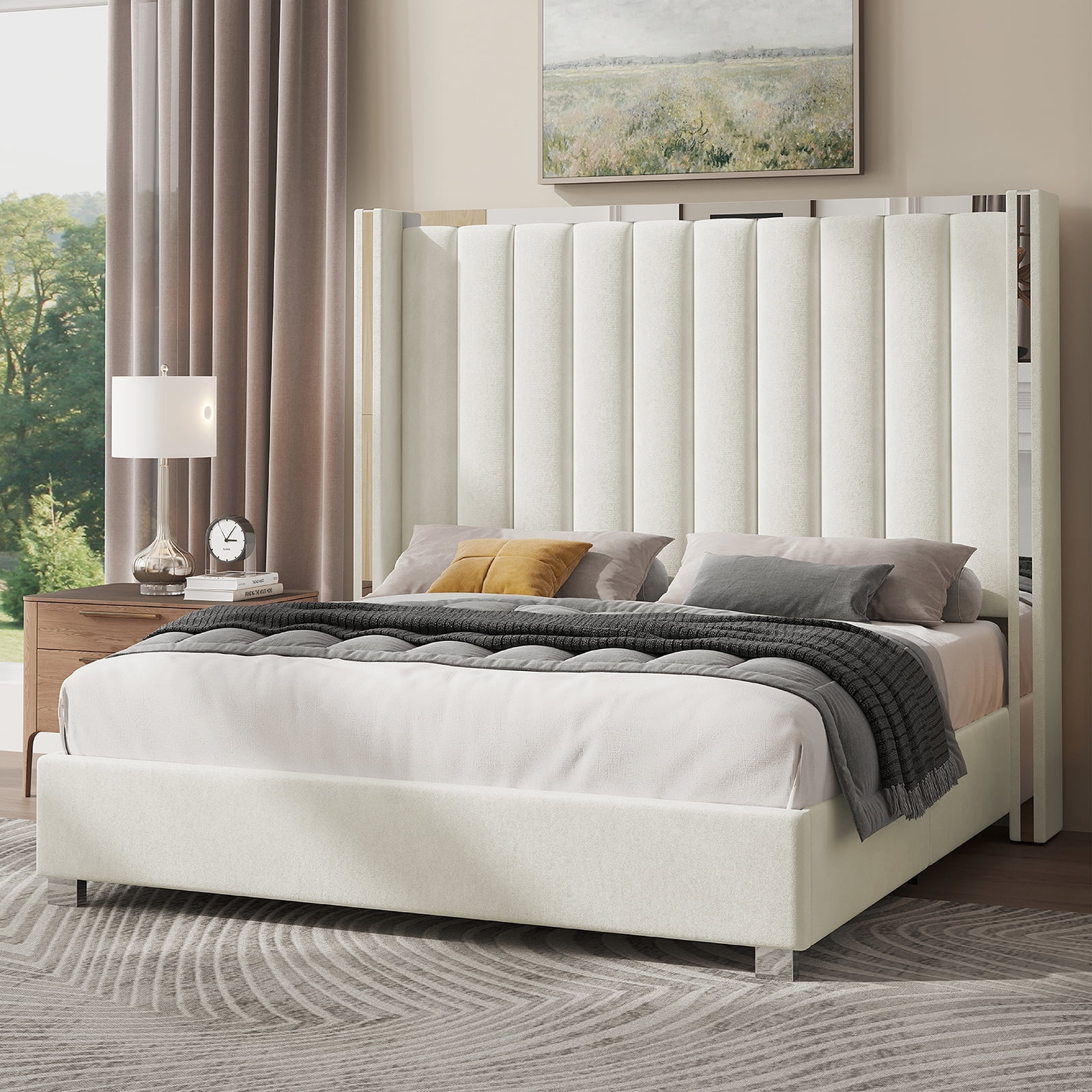 Merluxy King Size Bed Frame with 58" Tall Headboard, Velvet Upholstered Platform Bed with Channel Tufted Wingback Headboard and Plating Trim, Cream