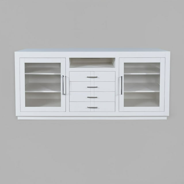 Jofran 70" Contemporary Media Console with Tempered Glass Doors, Drawers and Shelves