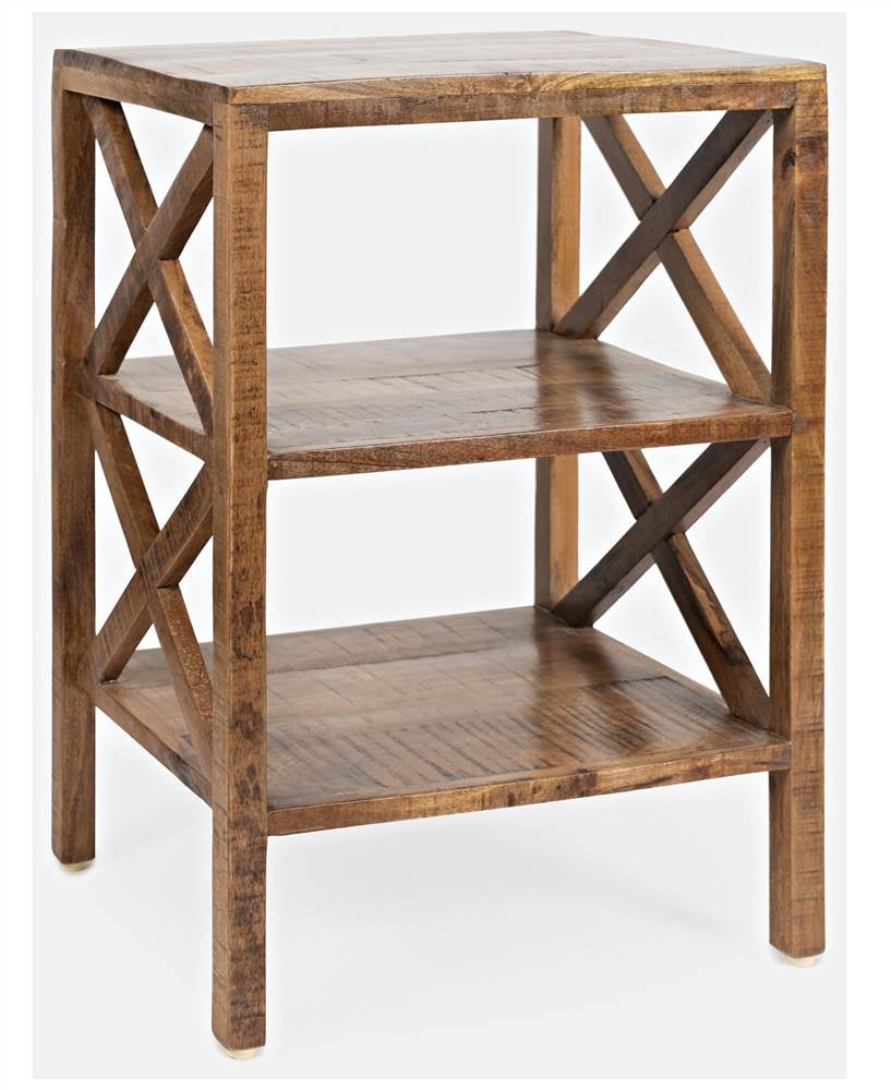 Jofran Global Archive Solid Wood Rustic Modern X-Side Accent Bookcase with Two Shelves