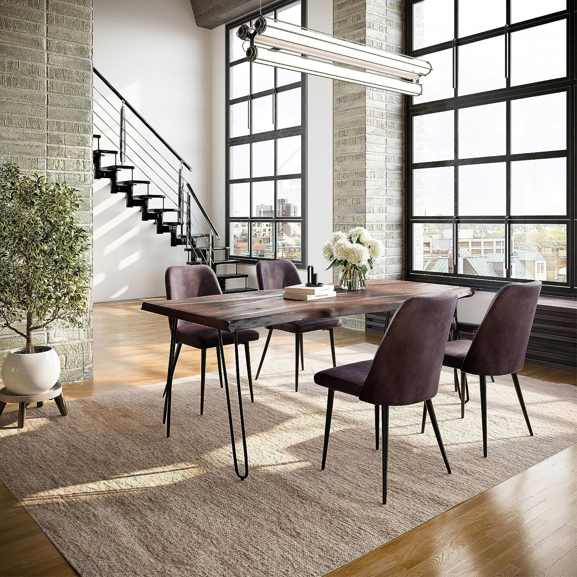 Jofran Nature's Edge Five Piece Solid Acacia Dining Set with Upholstered Mid-Century Modern Chairs