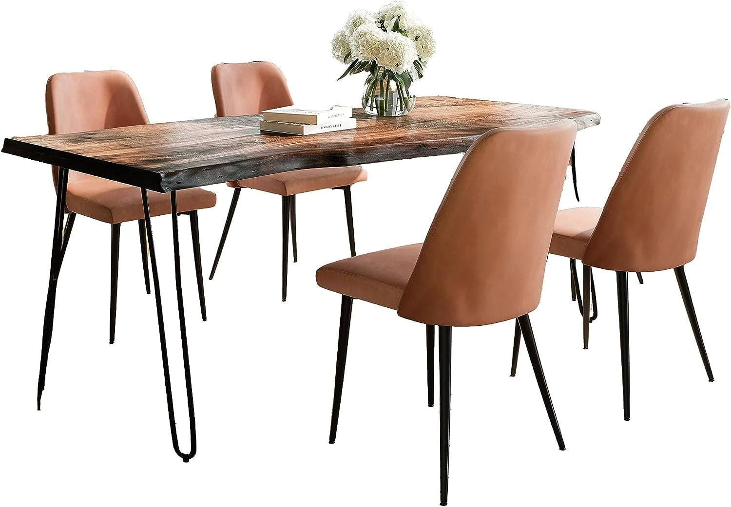 Jofran Nature's Edge Five Piece Solid Acacia Dining Set with Upholstered Mid-Century Modern Chairs