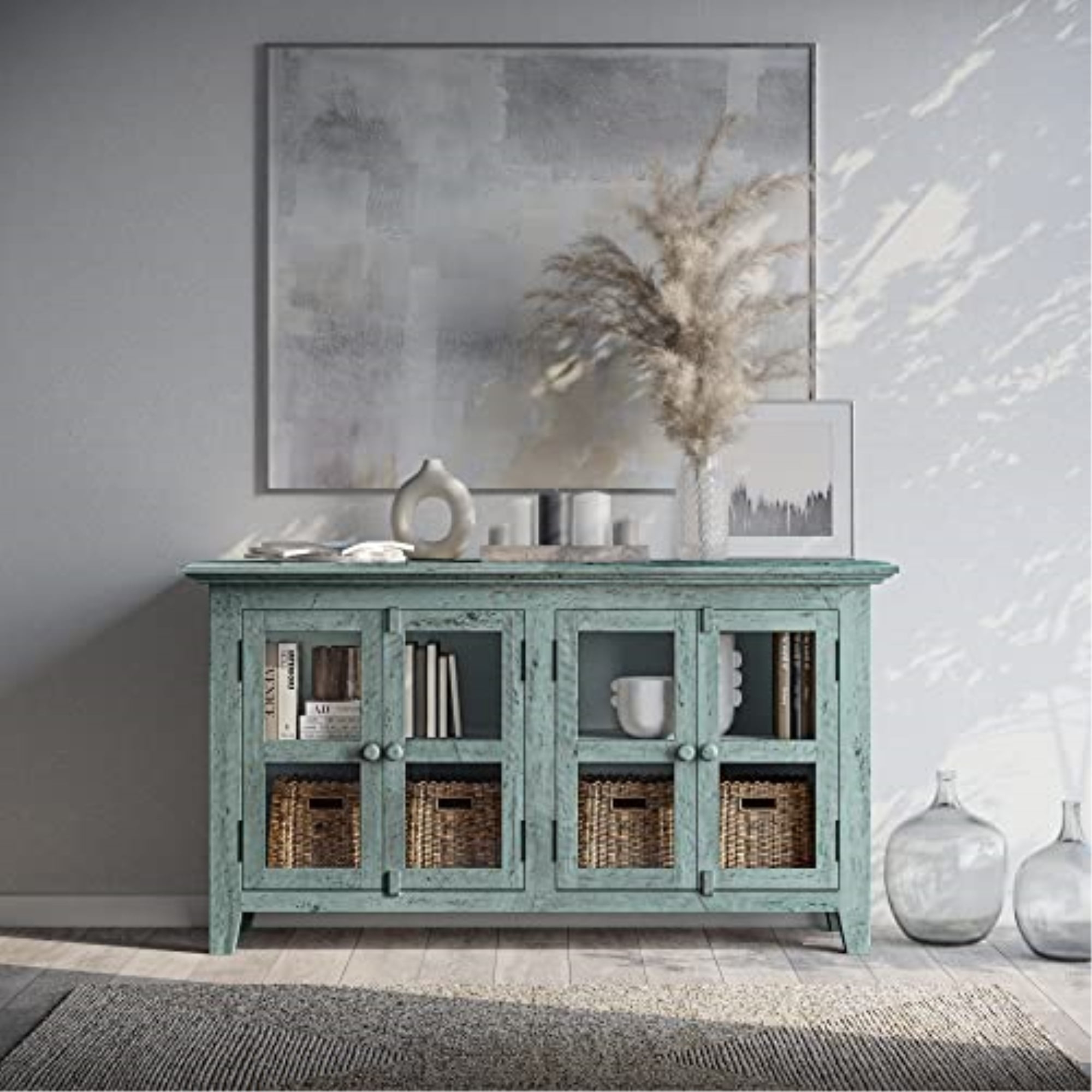 Jofran Rustic Shores 54" Coastal Distressed Acacia Four-Door Credenza Sideboard Cabinet