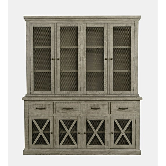 Jofran Telluride Rustic Distressed Pine Sideboard Buffet Hutch with LED Lights