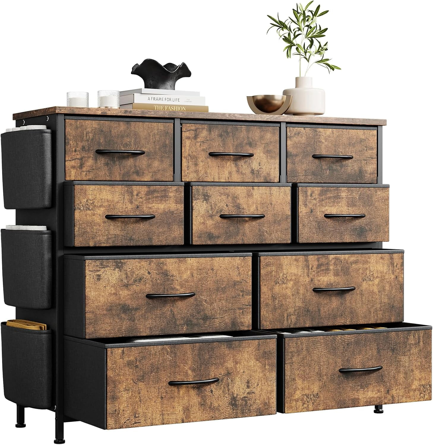 Garvee 10 Drawer Dresser Chest of Drawers for Bedroom Living Room, Fabric Storage Organizer With Wood Top, Side Pockets & Hooks for Entryway, Hallway, Closet, Nursery, Retro Brown