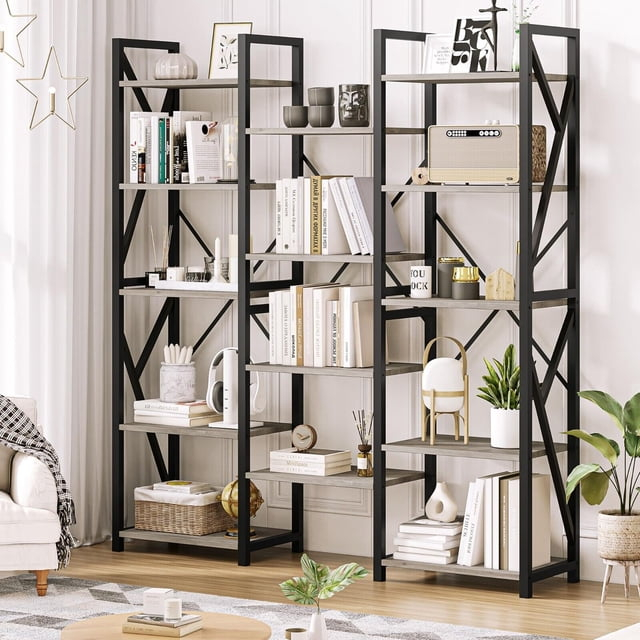 Jojoka Triple Wide 5 Tier Book Shelf, Tall Bookshelf with Open Display Shelves, Industrial Large Bookshelves and Bookcases with Metal Frame for Living Room, Bedroom, Home Office-Rustic Grey