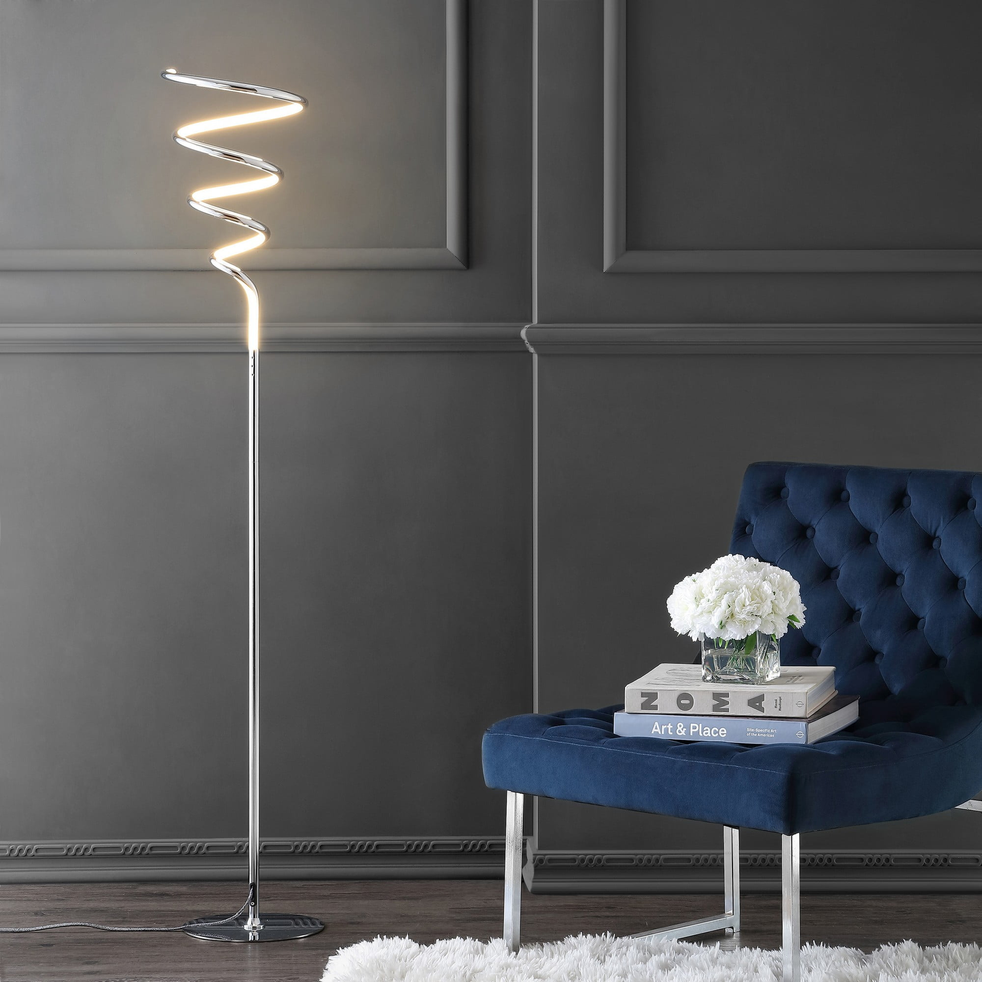JONATHAN Y JYL7027A Scribble 60.5" Modern Dimmable Metal Integrated LED Floor Lamp, Contemporary, Minimalist, Glam for living room, dinning room, bedroom, office, Chrome