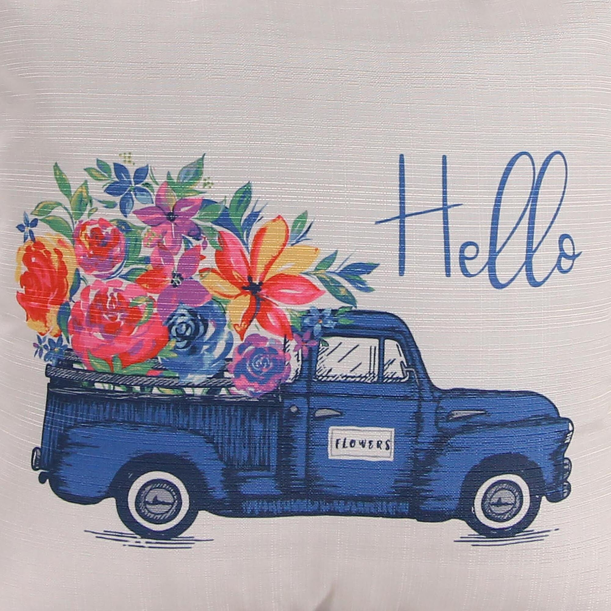 Jordan Manufacturing 18" x 18" Multicolor Hello Flower Truck Square Reversible Decorative Throw Pillow with Welt
