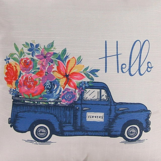 Jordan Manufacturing 18" x 18" Multicolor Hello Flower Truck Square Reversible Decorative Throw Pillow with Welt