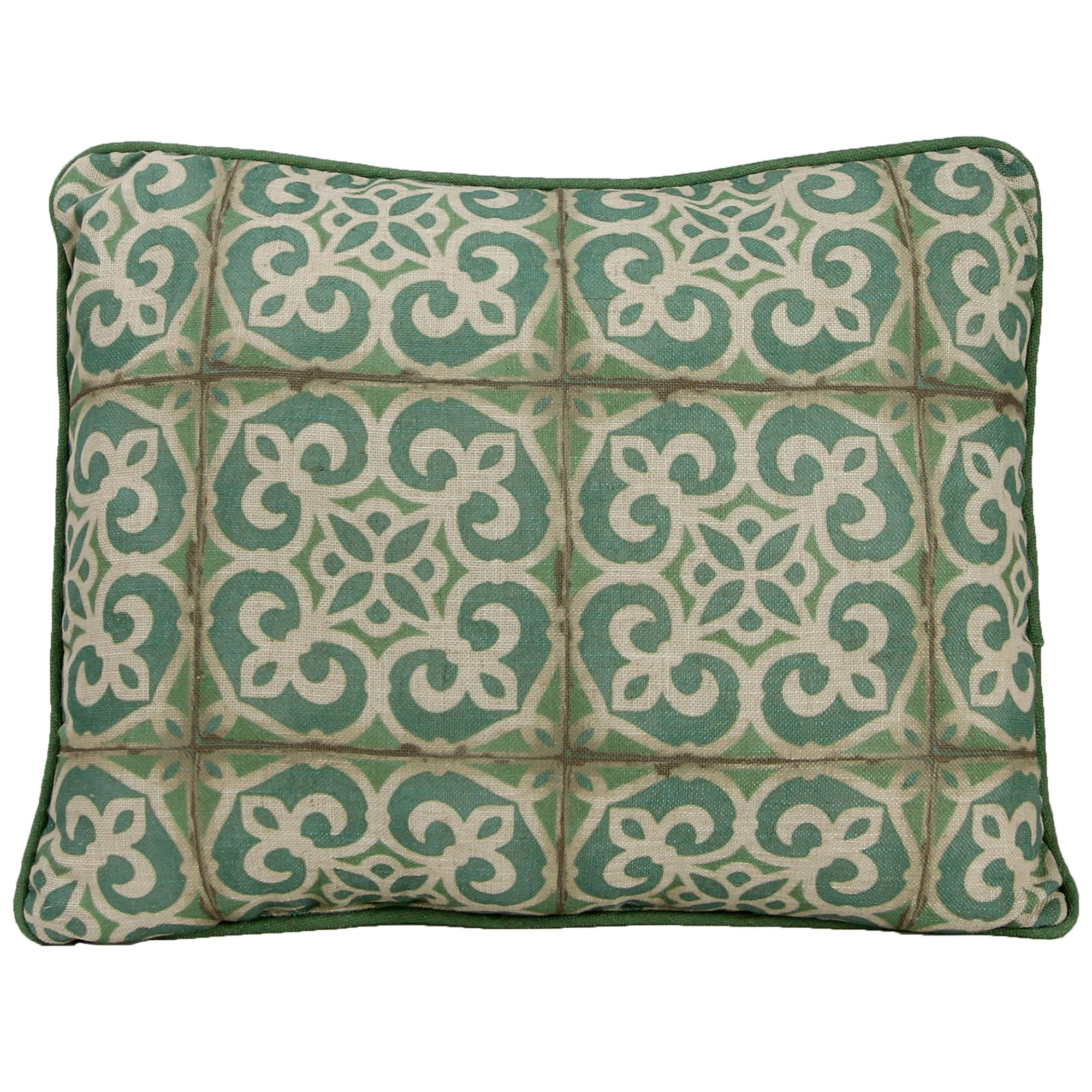 Jordan Manufacturing 20" x 15" Green and Cream Medallion Tiles Rectangular Reversible Decorative Lumbar Throw Pillow with Welt
