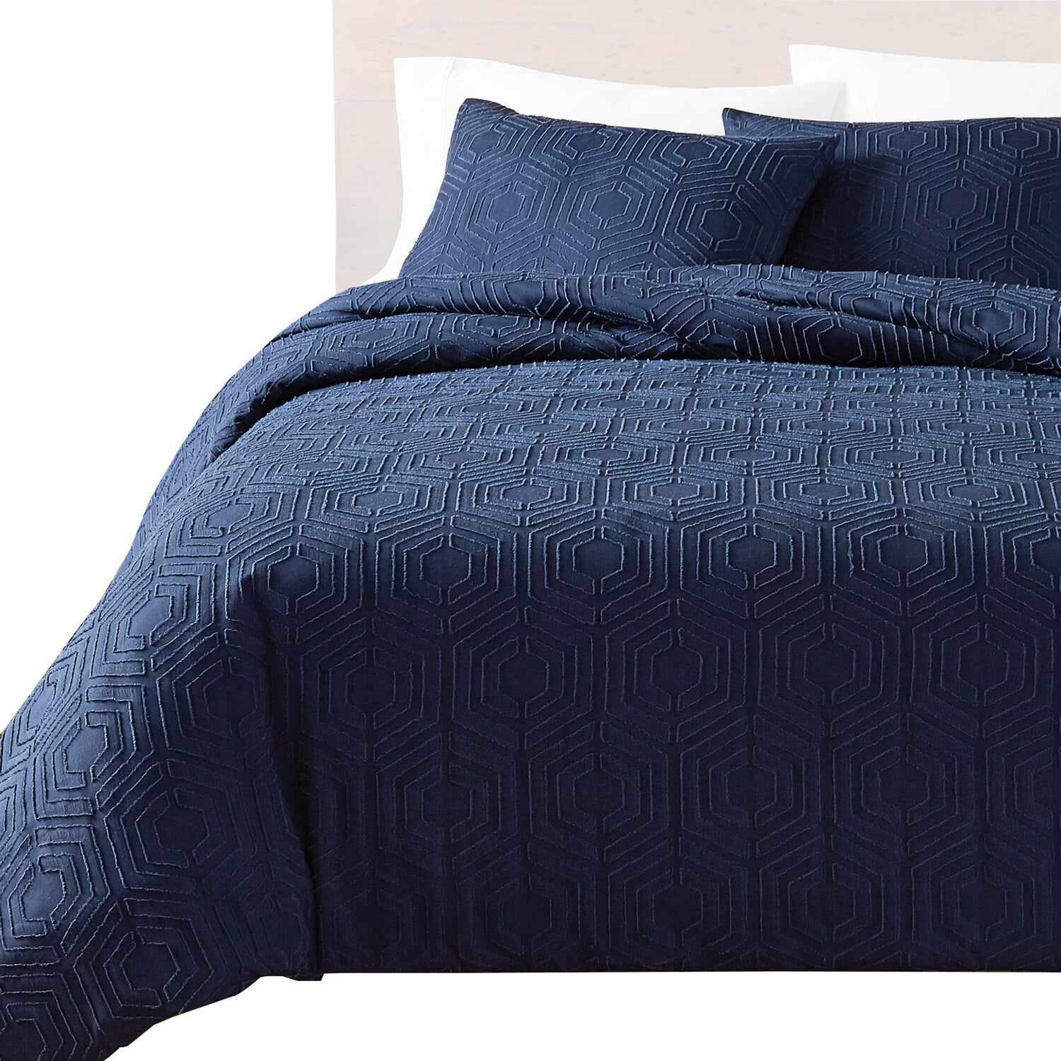 Jose 3 Piece King Size Comforter Set - Matching Shams - Jacquard Navy Blue