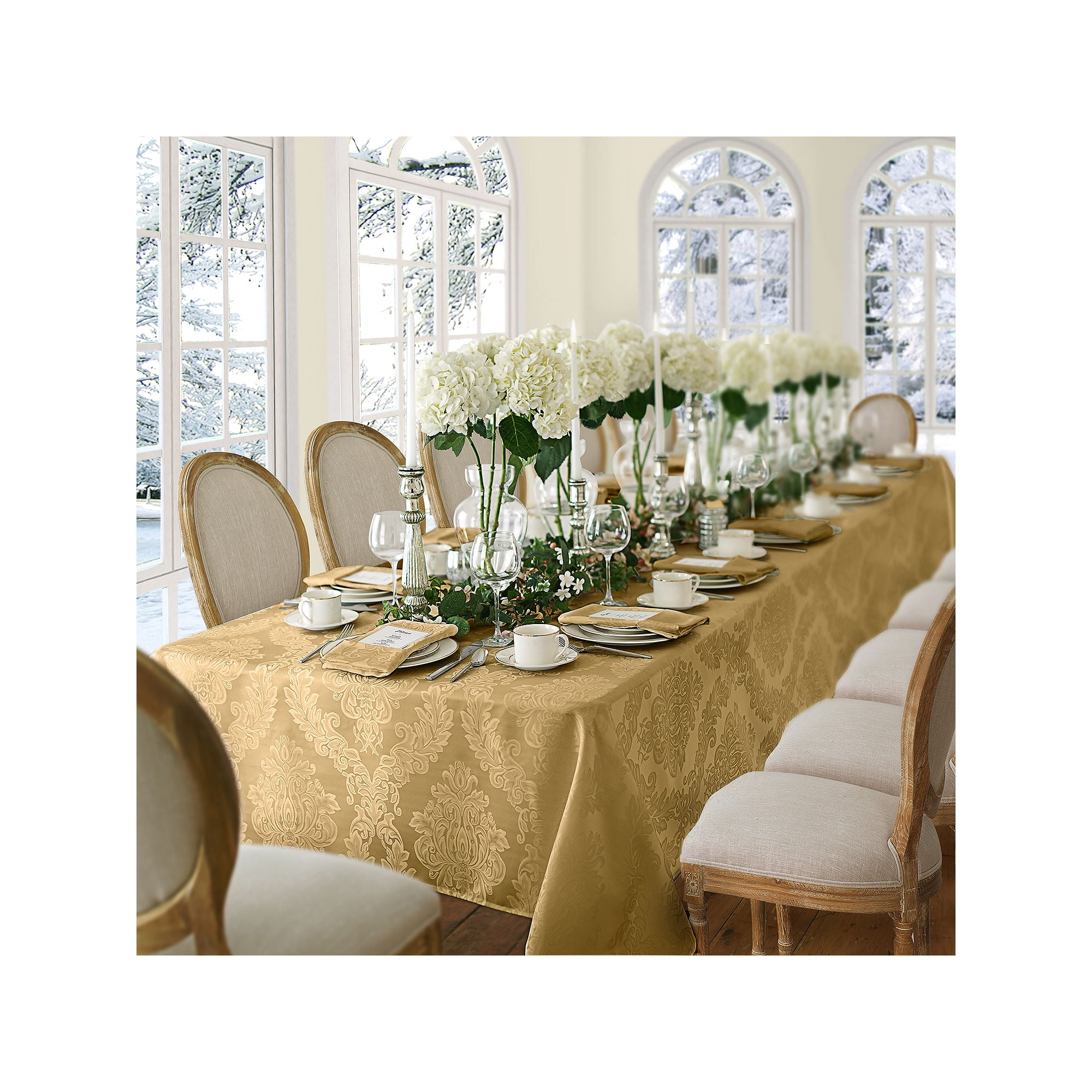 Barcelona Jacquard Damask Stain Resistant Tablecloth - 60" x 144" Rectangle - Gold - Elrene Home Fashions