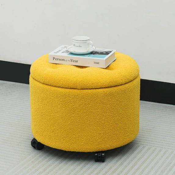 Round Storage Ottoman with Casters, Teddy Velvet Button Tufted Foot Rest Stool for Living Room Bedroom