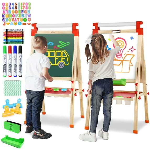Joyooss Kids Double-Sided Adjustable Whiteboard & Chalkboard Wooden Art Easel