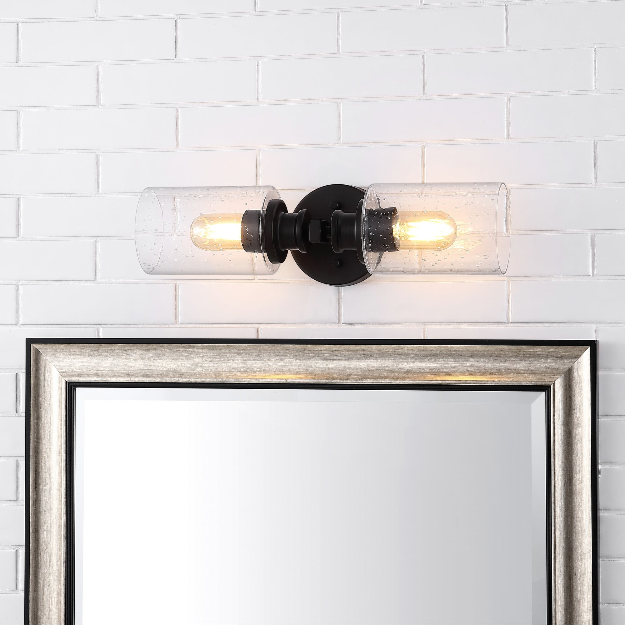 JONATHAN Y Jules Edison 16.5" Cylinder 2-Light Iron/Seeded Glass Farmhouse Contemporary LED Wall Sconce, Black
