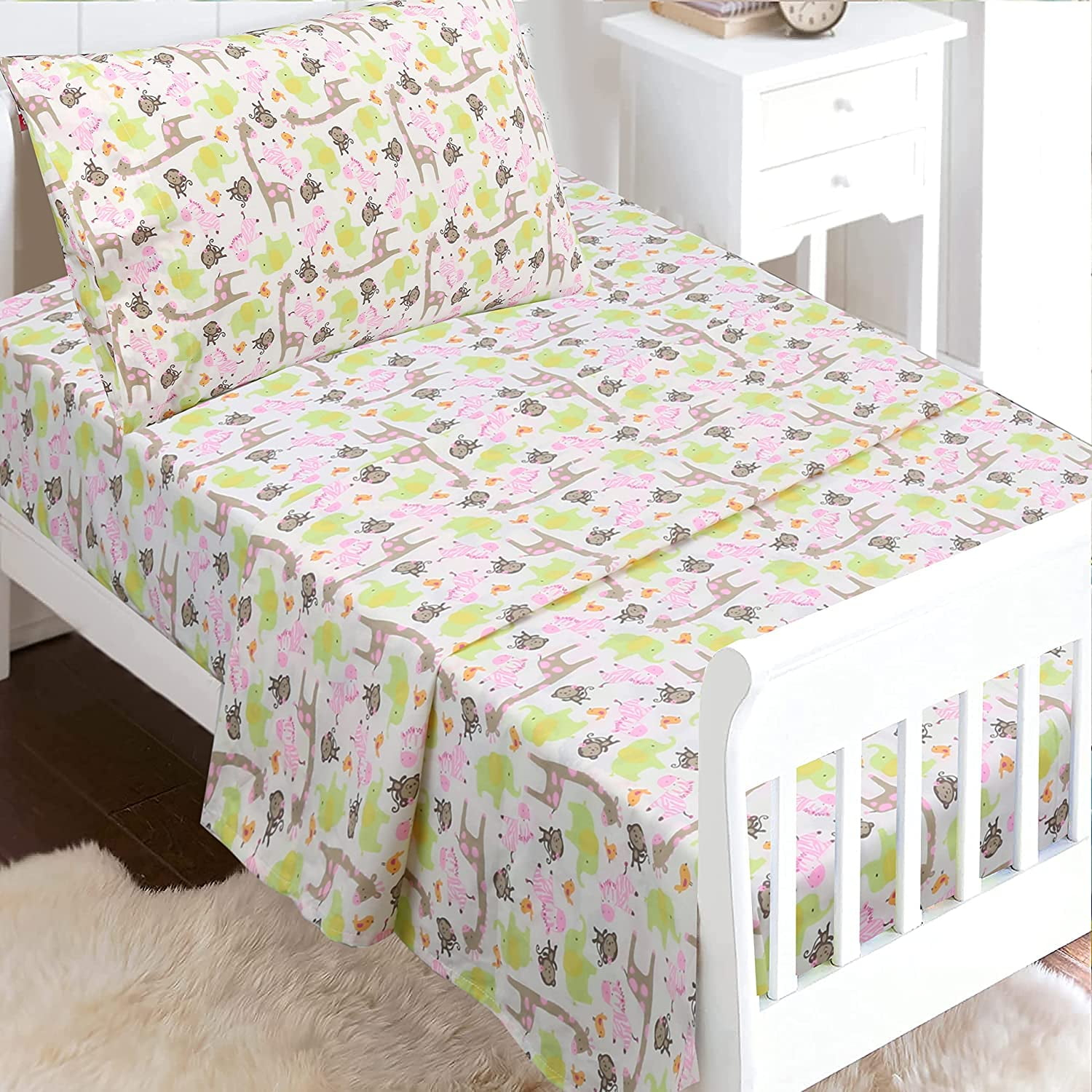 3-Piece Cotton Toddler Sheet Set for Kids Boys & Girls (Animals, Fish, Sports, Floral) Zoo Friends