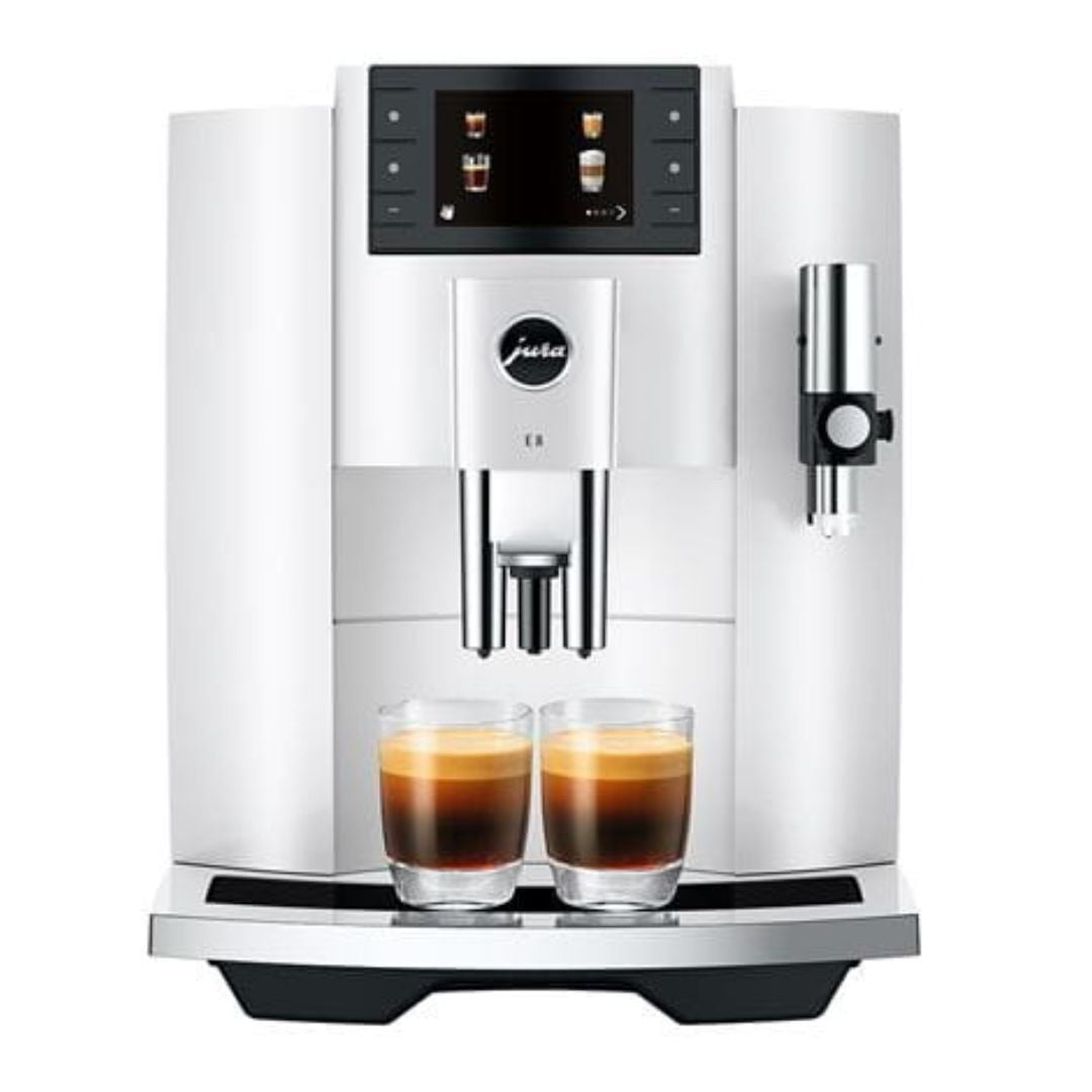 Jura E8 Coffee Machine with P.A.G.2 Grinder, 17 Specialties, 3.5-Inch Color Display, and One-Touch Cleaning System (Piano White)