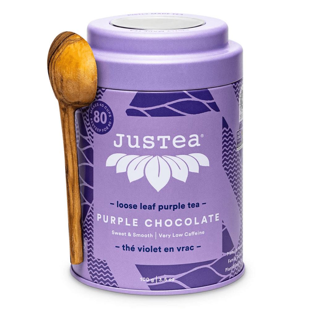 JusTea PURPLE CHOCOLATE | Loose Leaf Purple Tea with Hand Carved Tea Spoon | 40+ Cups (3.5oz) | Very Low Caffeine | Award-Winning | Fair Trade | Non-GMO