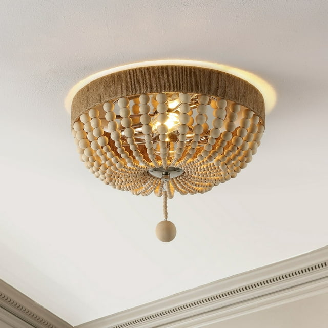 JONATHAN Y Justina Wood Bead 14" 2-Light Farmhouse Bohemian Iron LED Flush Mount, Light Taupe/Chrome, JYL1307A