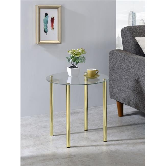 K&B Round Side End Accent Table, Gold Metal/Glass