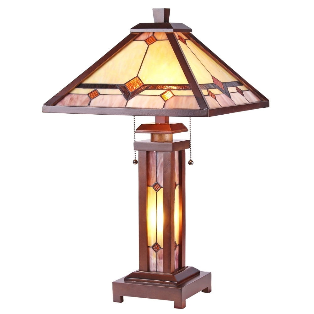Chloe Lighting Kay Tiffany-Style Mission 3 Light Double Lit Wooden Table Lamp 15" Shade