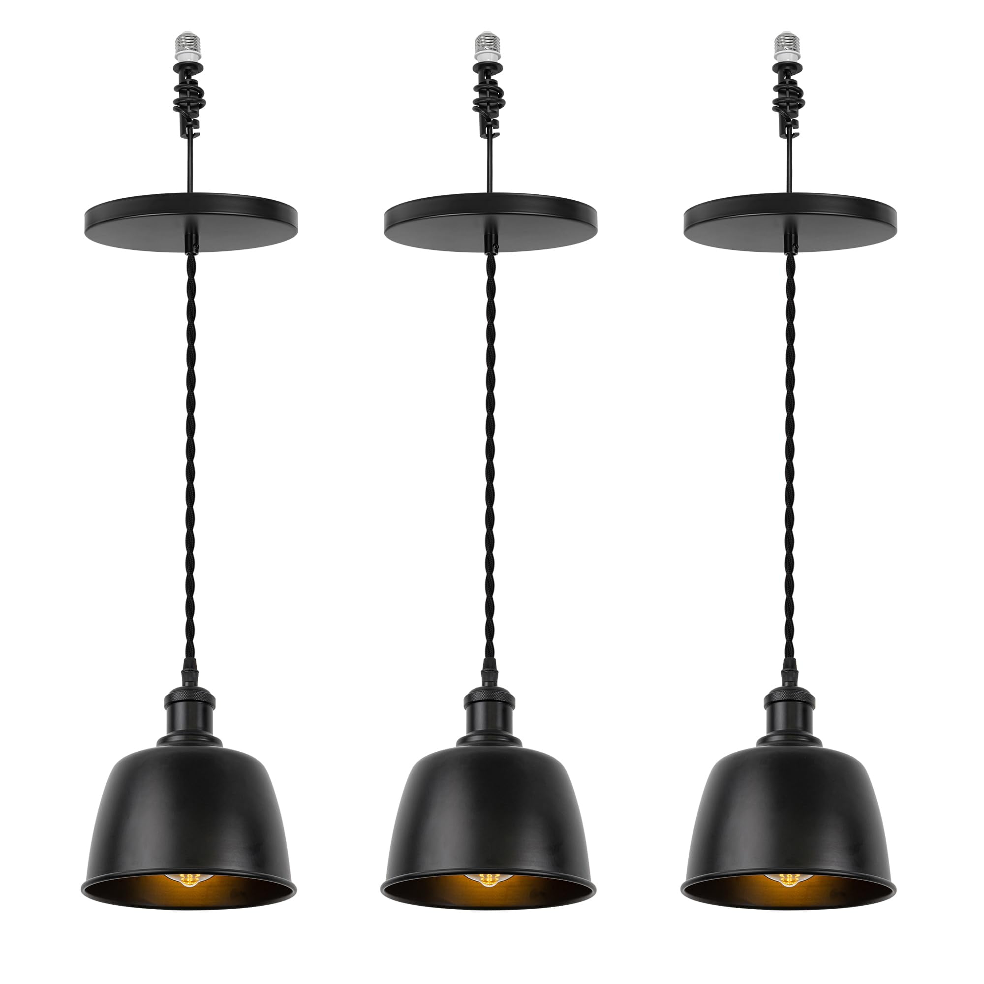 KAYYELAMP 3-Pack Black Metal Shade Hanging Light E26 Black Base Adjustable Height Droplight Retro Design Pendant Light for Kitchen Island Sink Home
