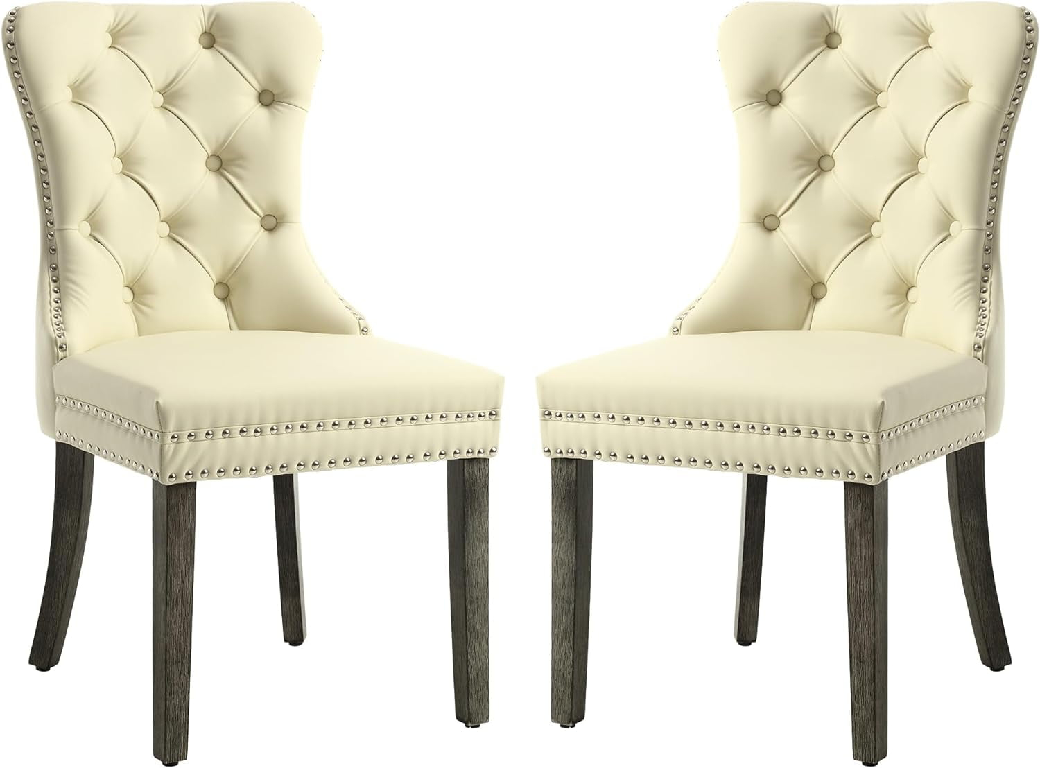 KCC Faux Leather Dining Chairs Set of 2, Upholstered High-end Tufted Dining Room Chair with Nailhead Back Ring Pull Trim Solid Wood Legs, Contemporary Nikki Collection Modern Style for Kitchen, Beige