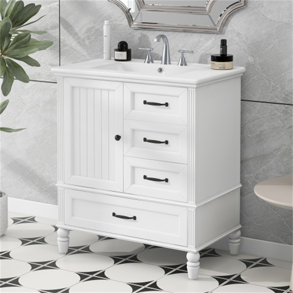KEAIDO 30" Bathroom Vanity with Sink, Bathroom Storage Cabinet with 3 Drawers and a Door, Freestanding Bathroom Vanity with Solid Wood Legs & MDF Board