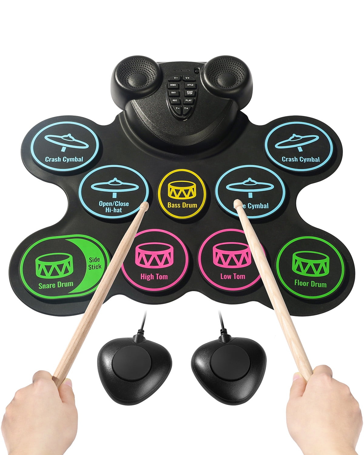 KFFKFF Electronic Drum Kit, Comprising 9 Pads, Compact Roll-up Practice Pad, Digital Drum Set with Headphone Outlet, Twin Pedals, Drum Rods, Integrated Dual Sound Systems, MIDI