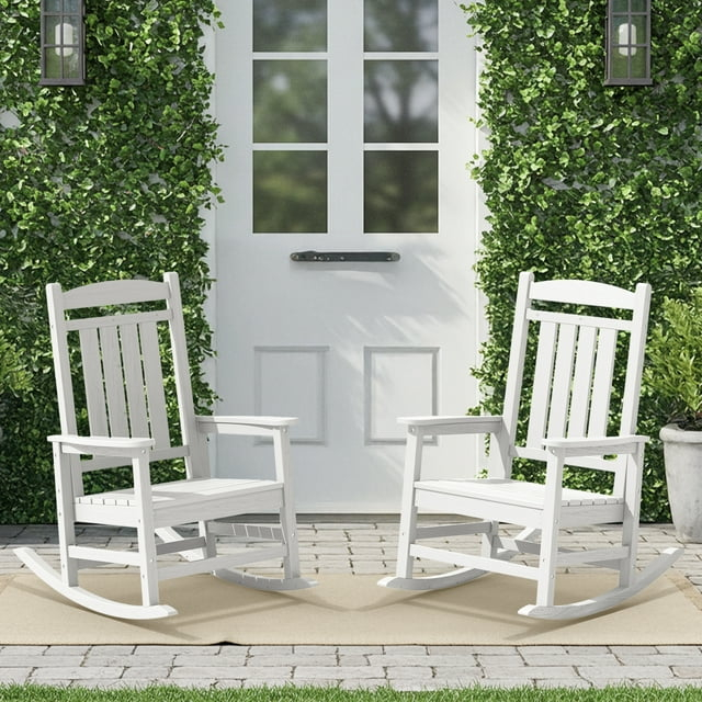 KINGYES Outdoor Rocking Chair Set of 2, High Density Polyethylene Patio Rocking Chairs, White