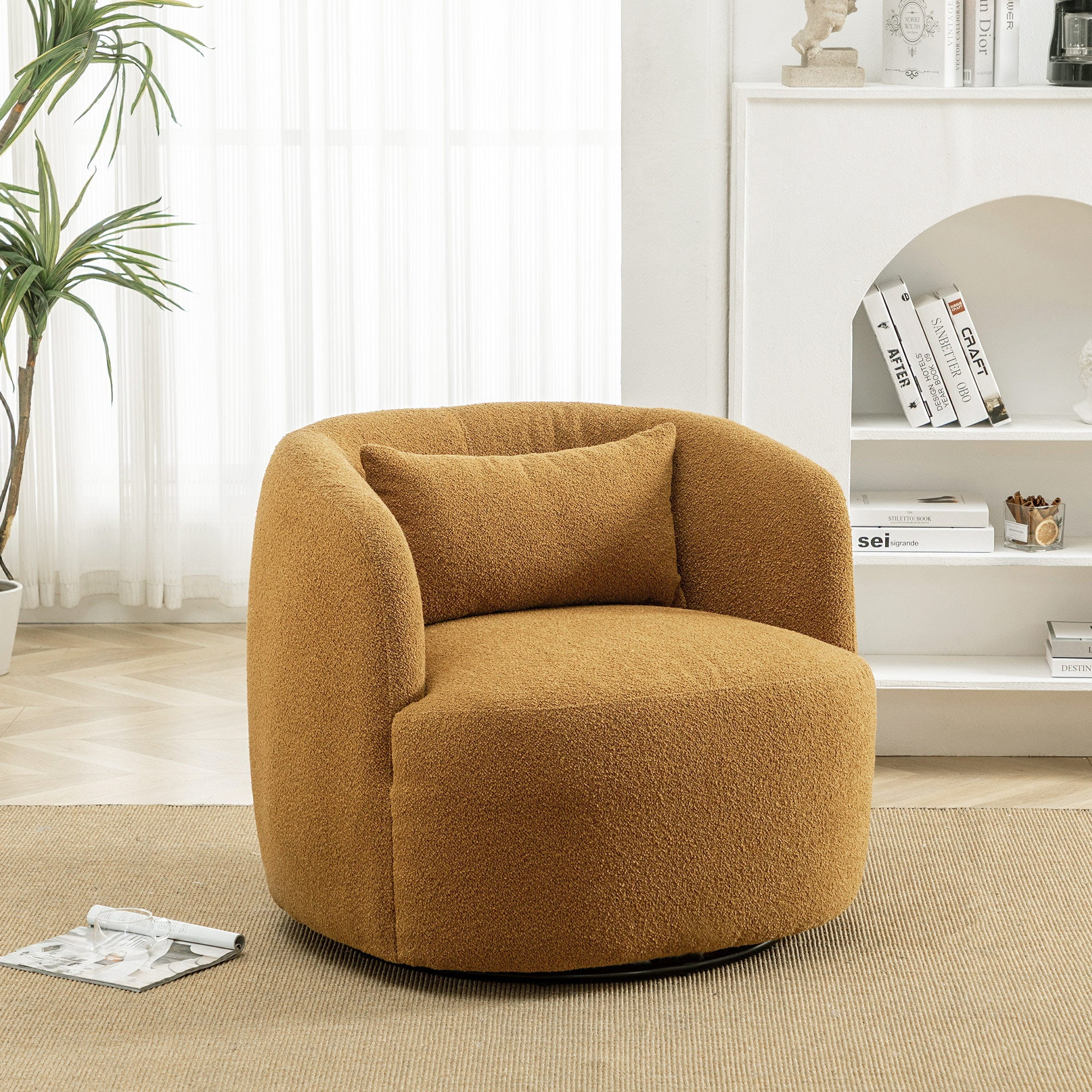 34" Wide Boucle Swivel Barrel Chair, No Assembly Round Upholstered Armchair Accent Chair Single Sofa Chair with Toss Pillow for Living Room and Bedroom, Brown