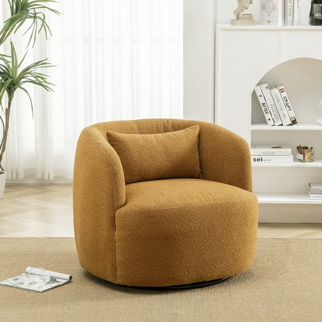 34" Wide Boucle Swivel Barrel Chair, No Assembly Round Upholstered Armchair Accent Chair Single Sofa Chair with Toss Pillow for Living Room and Bedroom, Brown