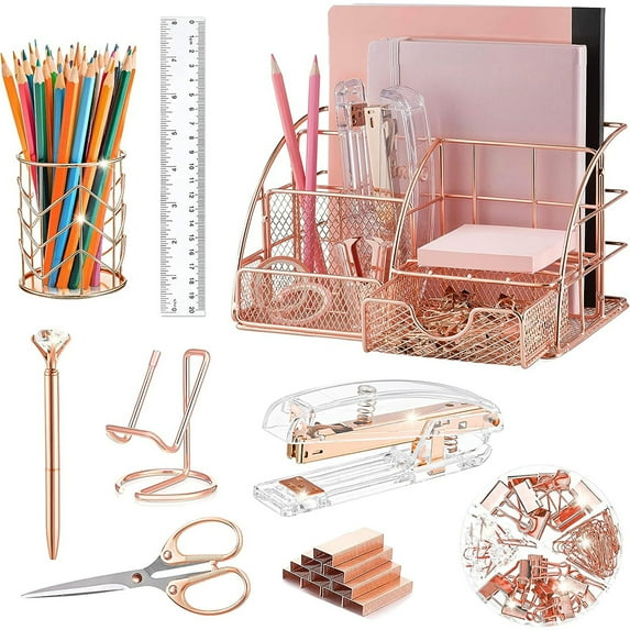 KISPATTI Desk Organizers and Accessories, Rose Gold Office Supplies with Mesh Desk Organizer, Acrylic Stapler, Staples, Ballpoint Pen, Clips Set, Pen Holder, Ruler, Scissor, Phone Holder