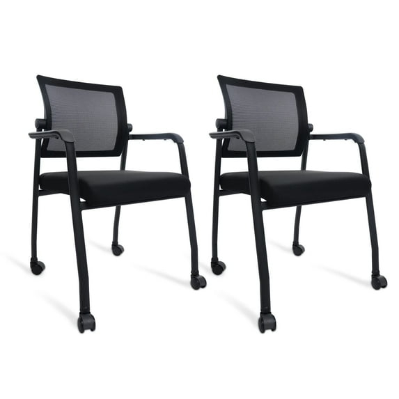 KLASIKA Waiting Room Chairs with Wheels, Adjustable Mesh Backrest, Desk Chair with Ergonomic Lumbar Support and Thickened Seats Cushion, 2 Pack Black