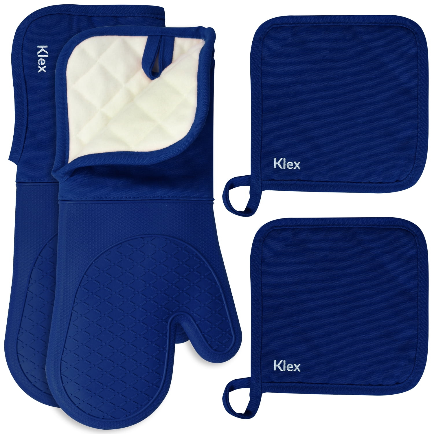 KLEX 15" Silicone Oven Mitts and Cotton Potholders 4pcs Set, 932°F Heat Resistance, Blue