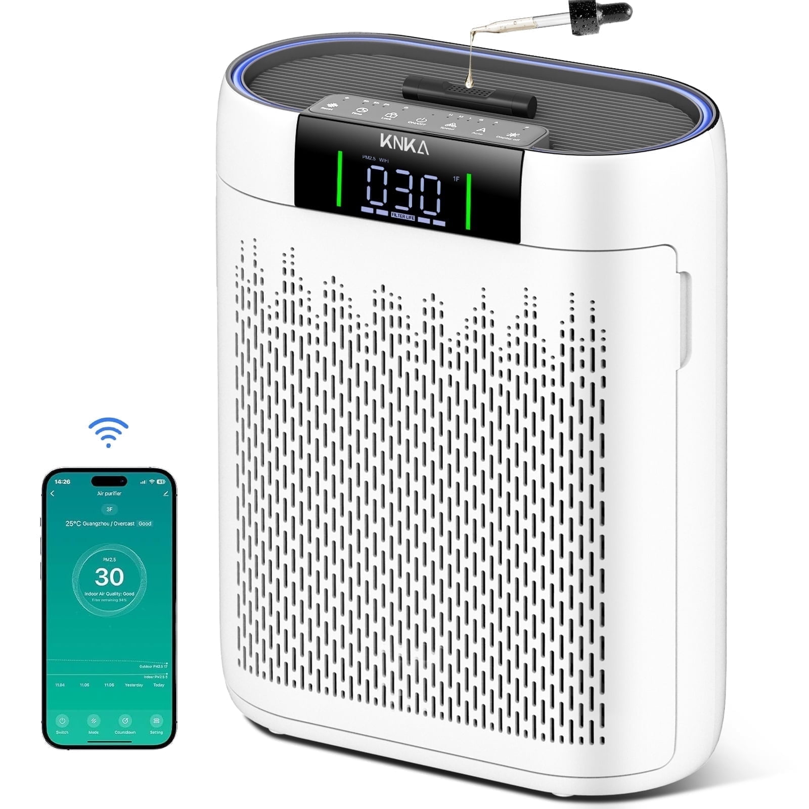 KNKA Air Purifier, HEPA Air Purifiers for Large Rooms up to 2500 Sq. ft., Air Cleaner with Air Quality Monitor, Smart WiFi, and Aromatherapy, for Allergies, Pets, Odors, Dust, Pollen, and Smoke