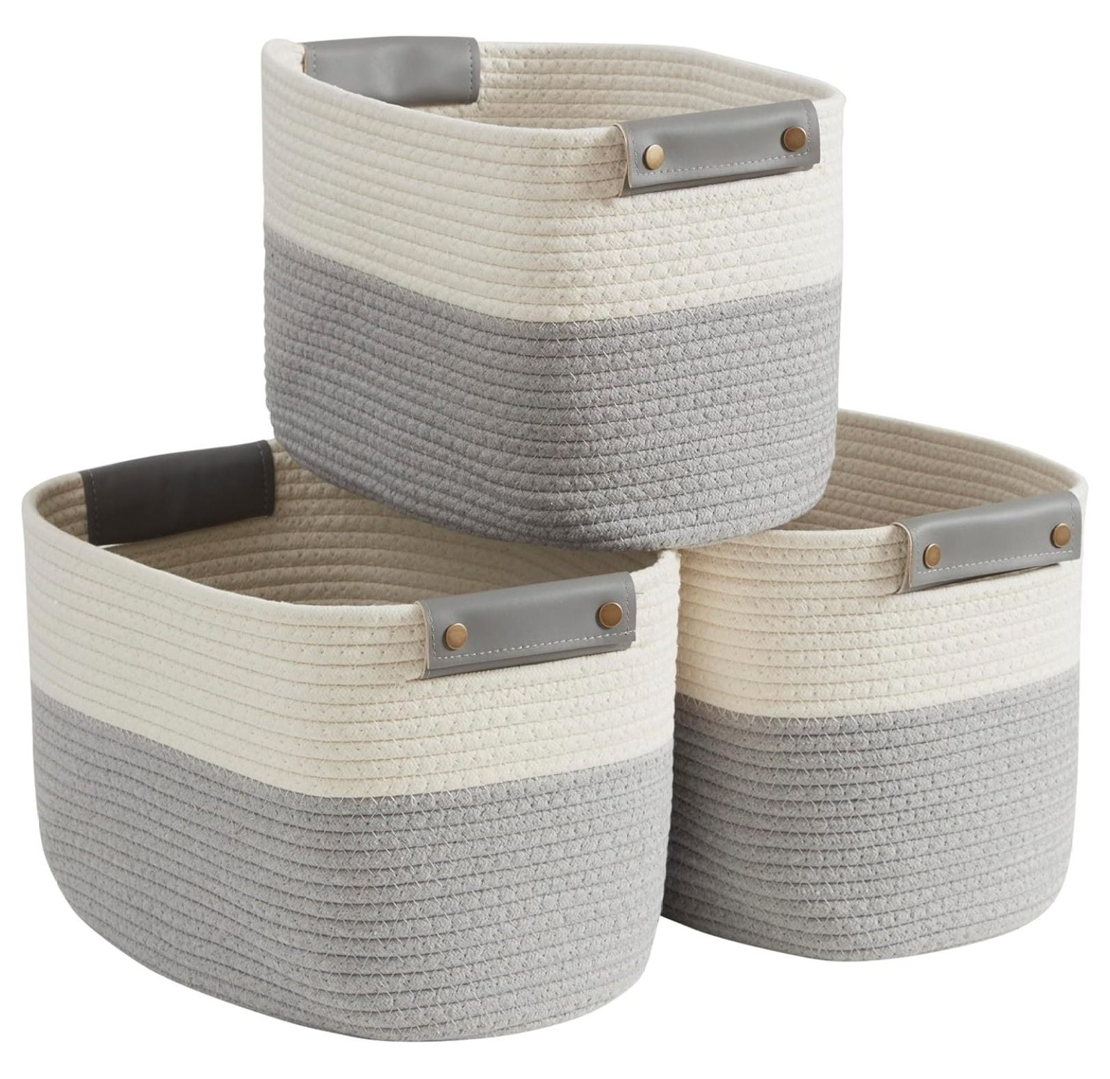 KOUROUU 3 Pack Cotton Rope Storage Basket Woven Shelf Storage Bin with Faux Leather Handles, Decorative Closet Shelf Woven Basket for Storage Organizers, 15 x 10 x 9, White/Gray