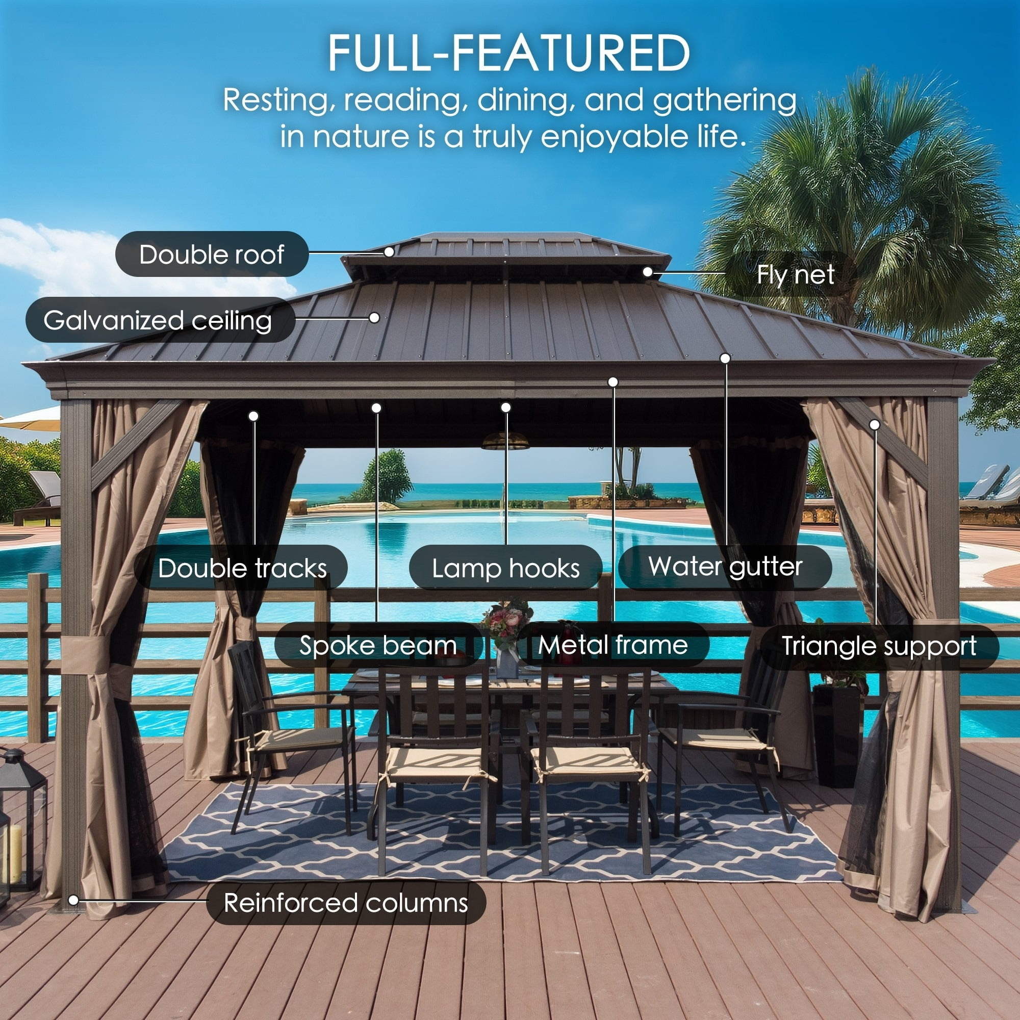 KOZYARD  Alexander Hardtop Aluminum Gazebo with Mosquito Net and Privacy Curtain Dark Brown 12'x18'