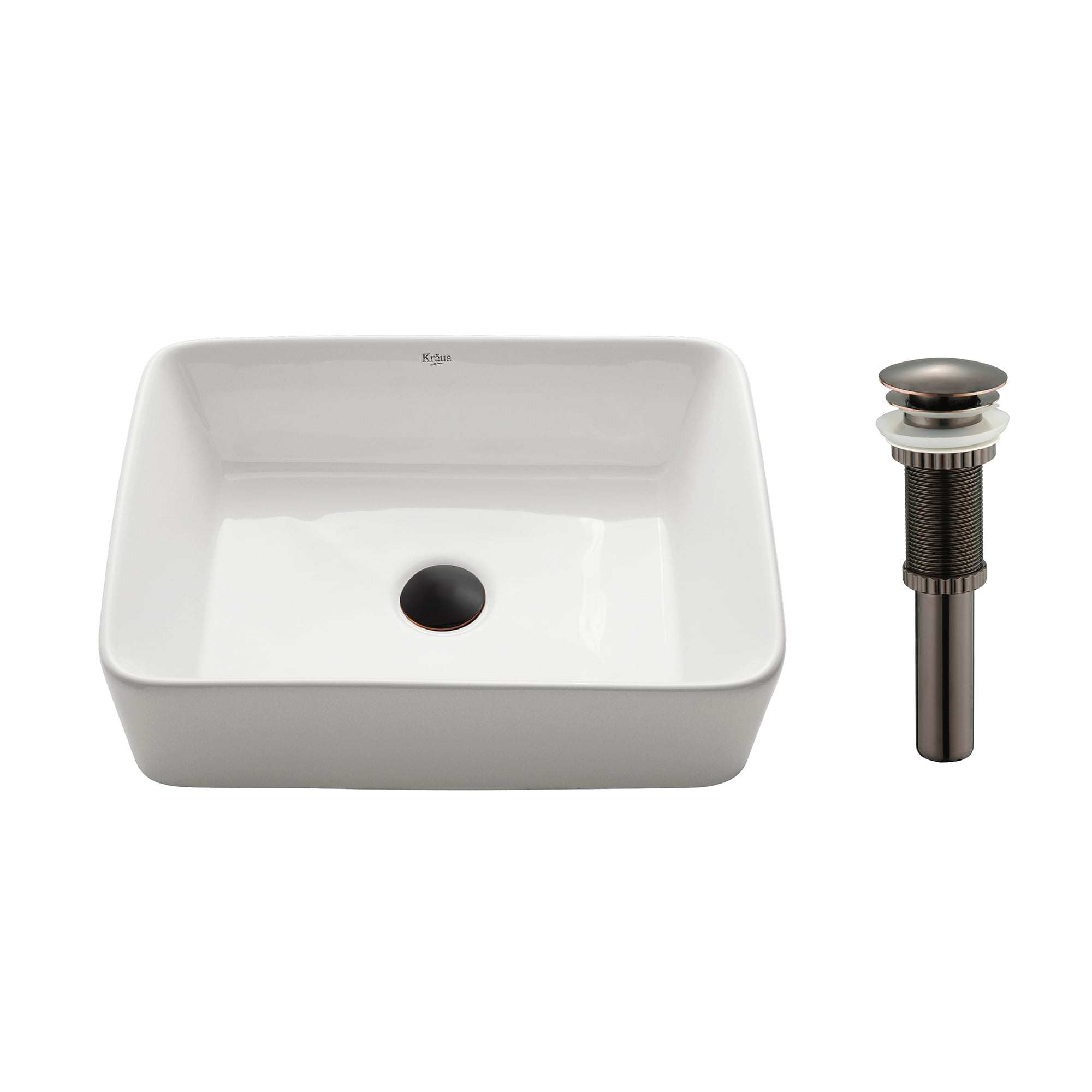 KRAUS Rectangular Ceramic Vessel Bathroom Sink in White with Pop-Up Drain in Oil Rubbed Bronze