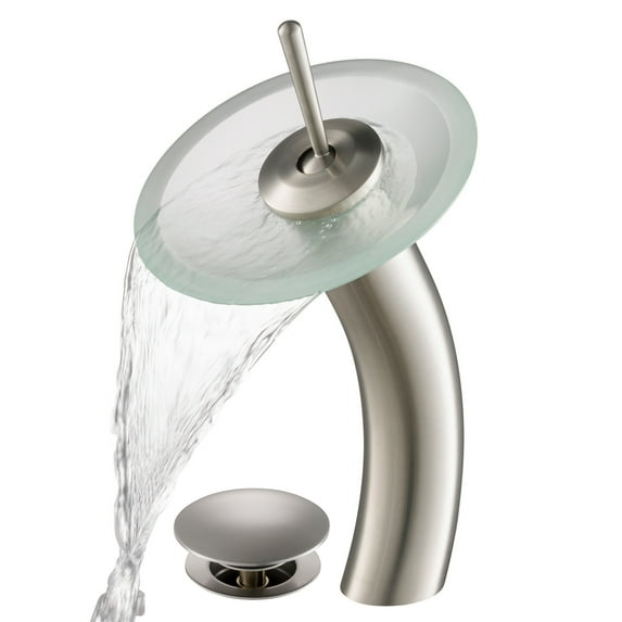 KRAUS Tall Waterfall Bathroom Faucet for Vessel Sink with Frosted Glass Disk and Pop-Up Drain, Satin Nickel Finish