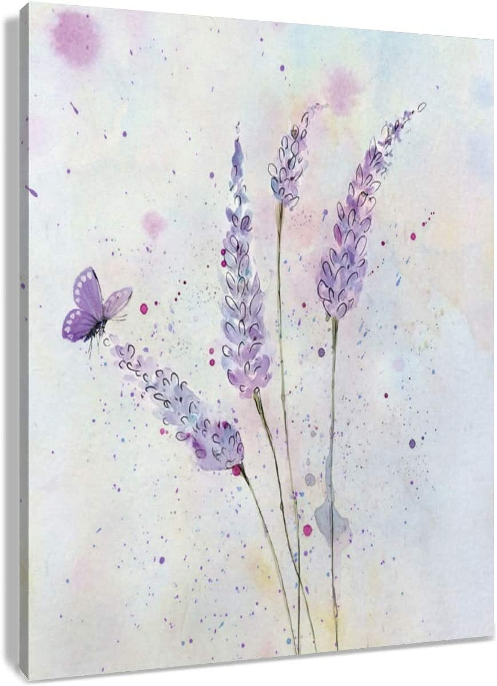 HVEST Lavender Canvas Wall Art Butterfly with Purple Flower Artwork Elegant Paintings for Living Room Bedroom Bathroom Wall Decor,Stretched and Framed Ready to Hang,12x16 inches