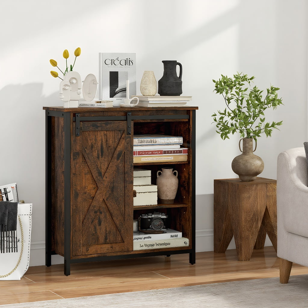 Kepooman Sideboard Cabinet Buffet Cabinet, 32 Inch Farmhouse Sideboard Buffet Cabinet with Sliding Barn Door and Adjustable Shelves-Rustic Brown