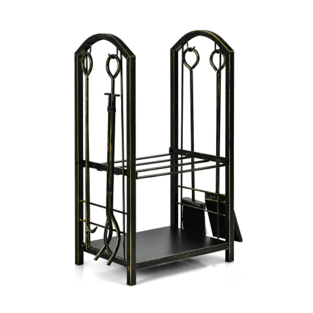 Kadyn Fire Wood Storage Racks, Firewood Holder,Firewood Frame,Firewood Shelf,Fireplace Log Rack with 4 Pieces Fireplace Tools-Bronze